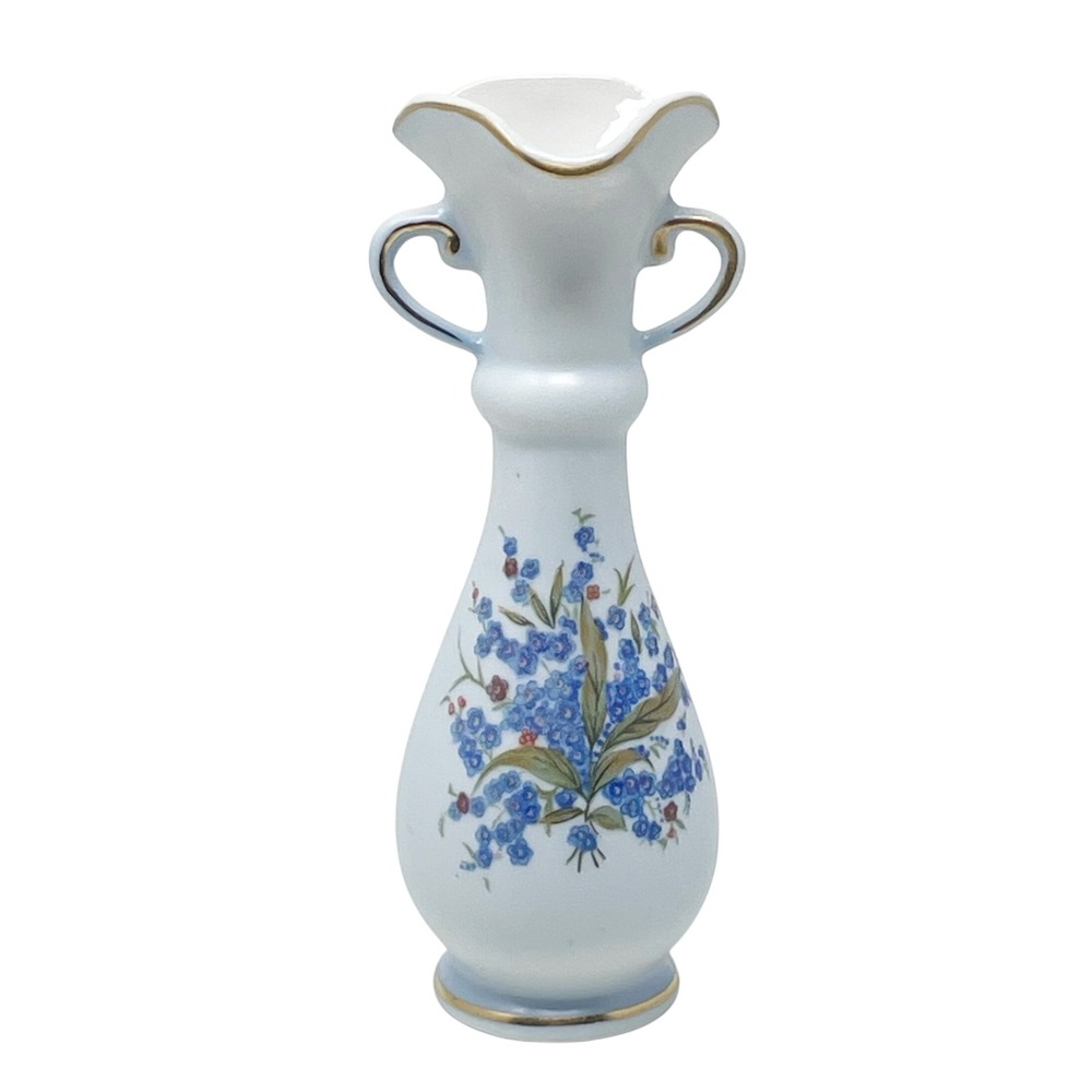 Lefton Blue Floral Bud Vase Hand Painted Gold Trim #8181 6.25 Inches Cottagecore